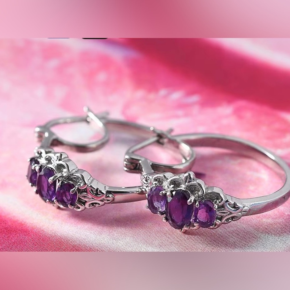 NWT African Amethyst 1.60 ctw Hoop
Earrings in Hypoallergenic Stainless Steel - Picture 4 of 8